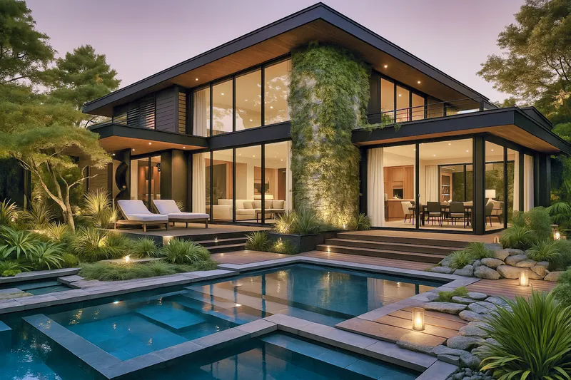 Concept Bali: rendering di villa con tetto a falde, facciata vetrata e parete verde