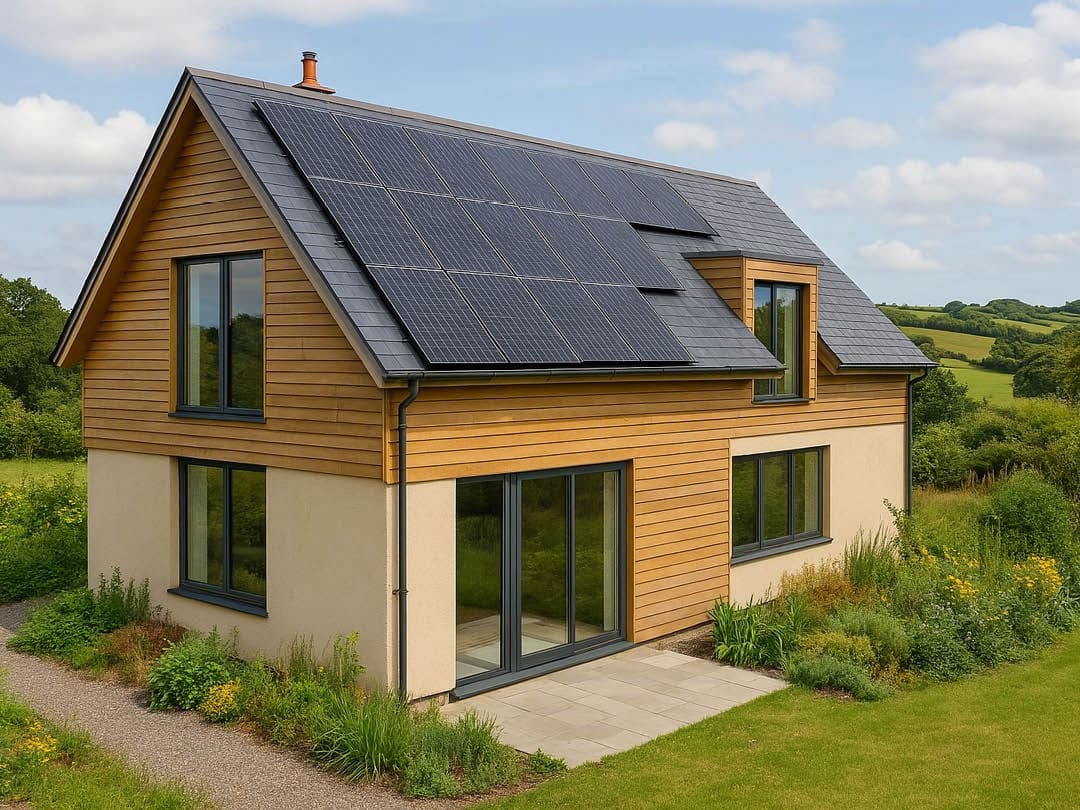 Casa con cubierta inclinada, fachada de madera y paneles fotovoltaicos