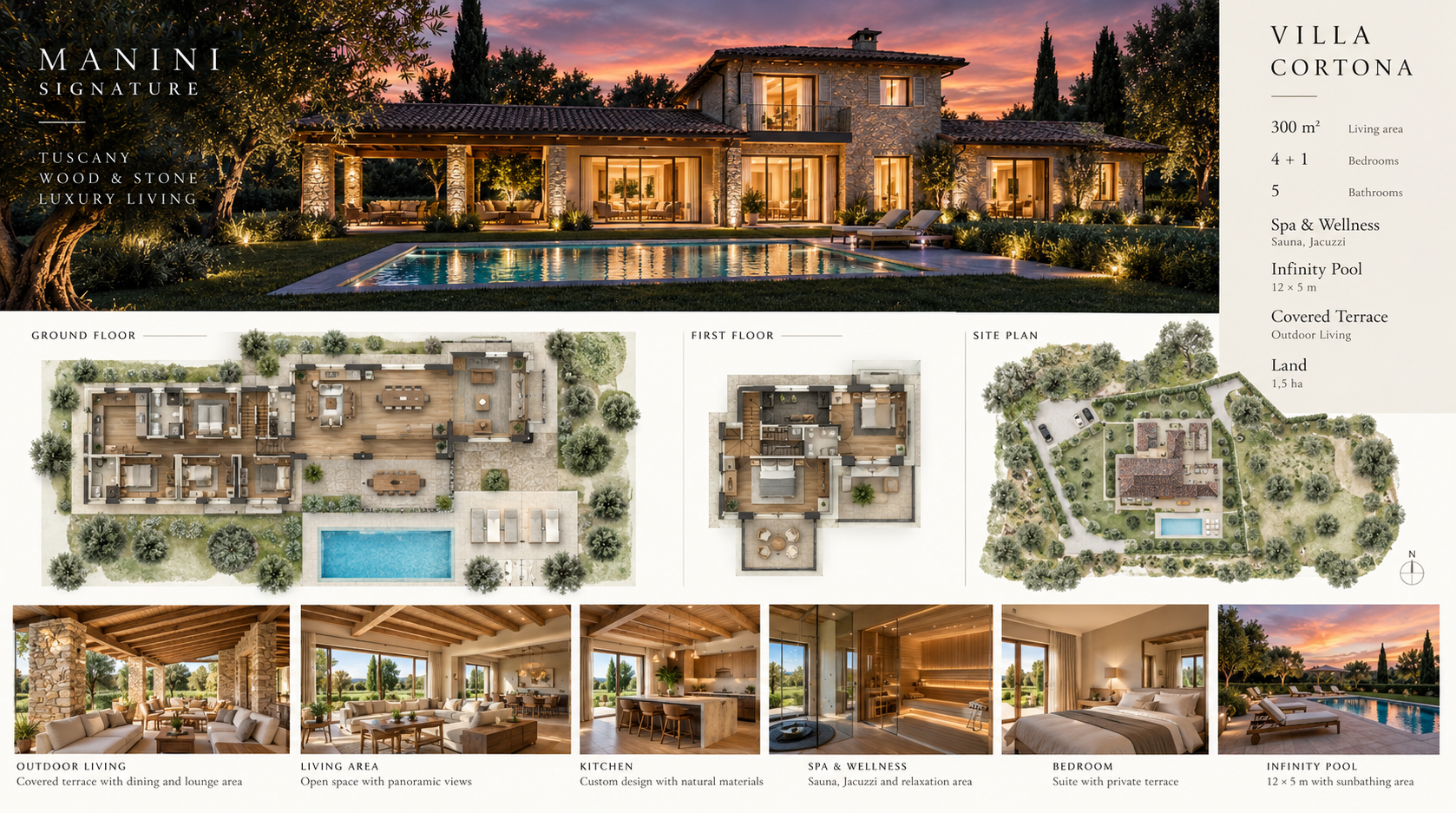 Villa Cortona design board: exterior rendering, floor plans, site layout and interior visualisations