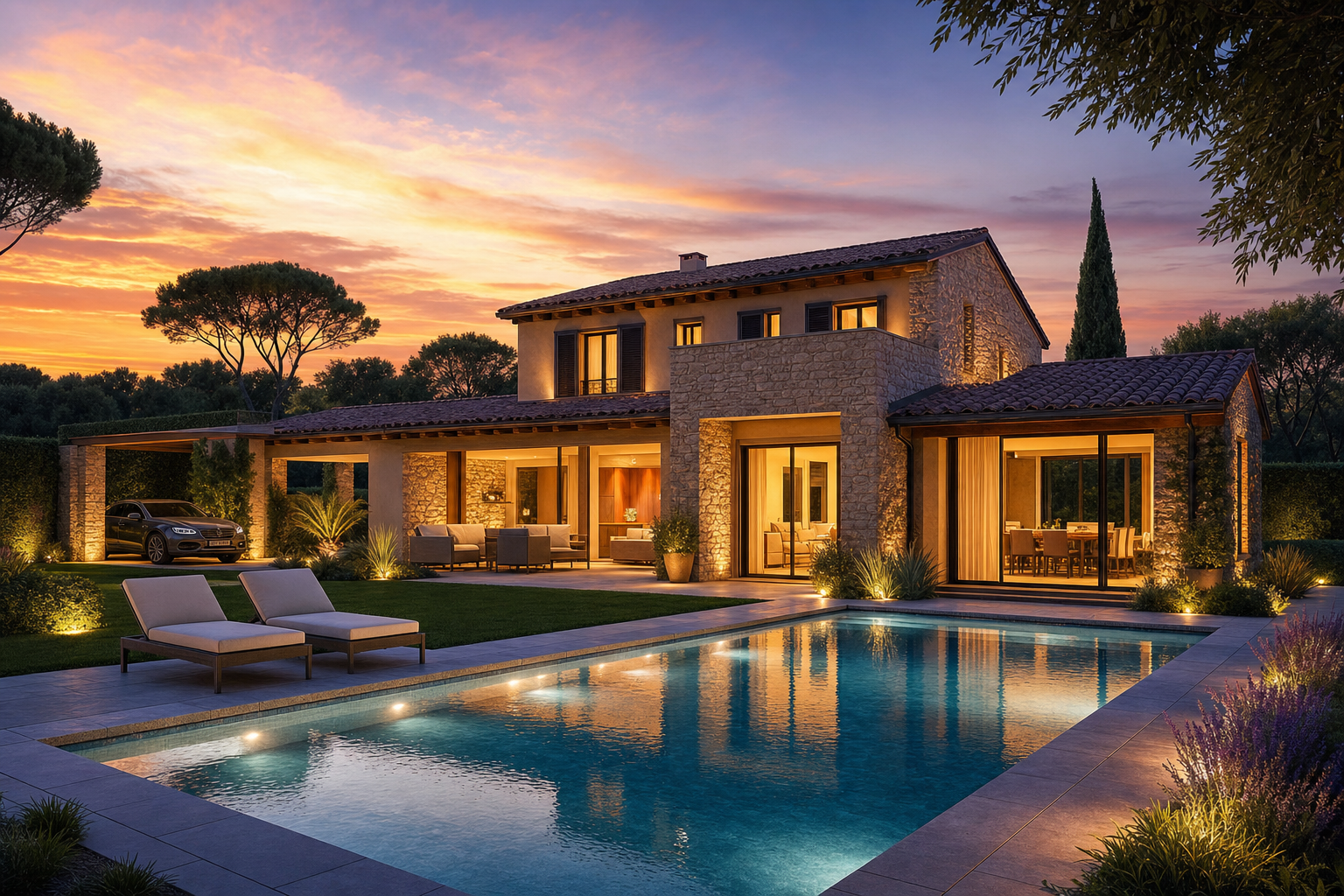 Visualisierung einer MANINI-Villa mit überdachtem Freisitz, großen Fenstern und Pool bei Sonnenuntergang