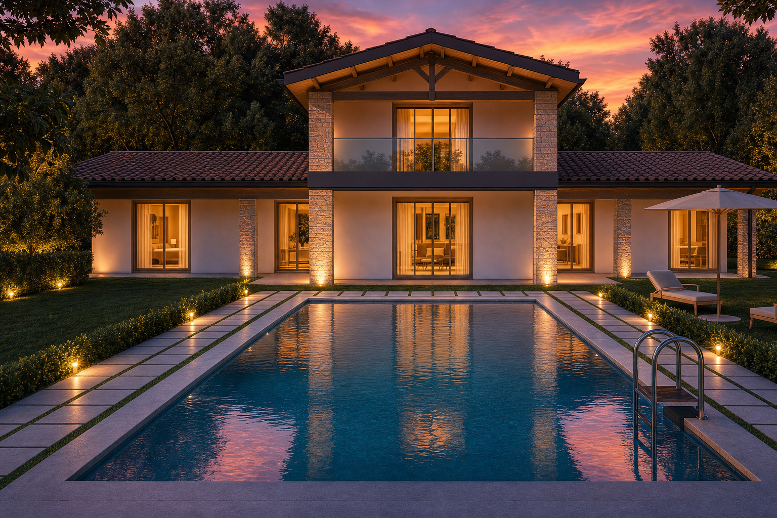 Villa rendering with a symmetrical facade, balcony and exposed timber roof structure