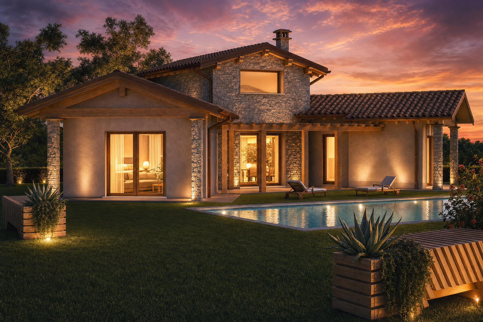 Villa rendering with stone cladding, warm plaster and openings onto the garden