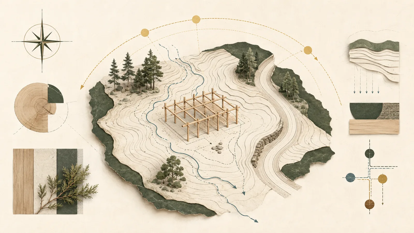 Editorial illustration of a plot assessment with contours, access, water flow and a timber structural grid