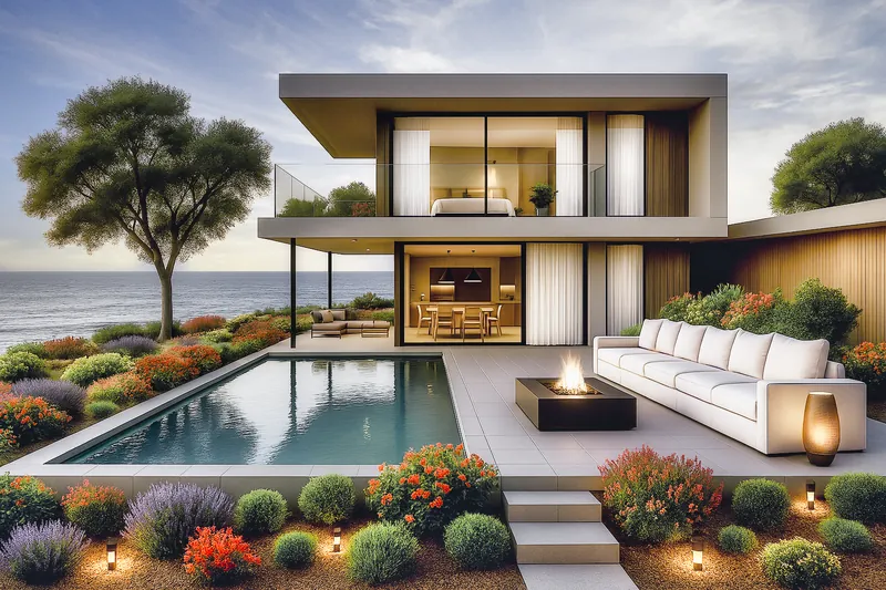 Concept Florida: rendering di villa a due piani con terrazza e piscina
