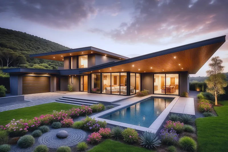 Concept Kenia: rendering di villa con copertura inclinata, vetrate e piscina davanti alle colline