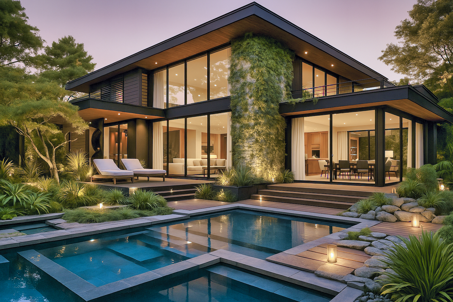 Bali concept: rendering of a pitched-roof villa with glazed facade and planted wall
