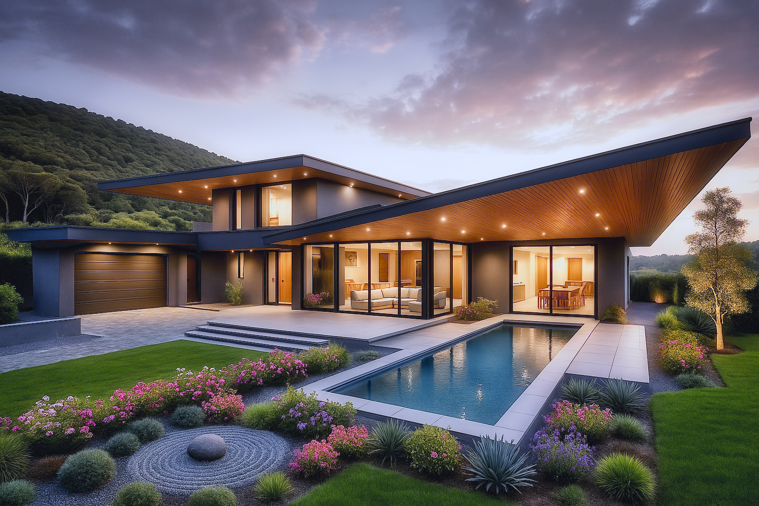 Kenia concept: rendering of a villa with a sloping roof, broad glazing and pool facing the hills