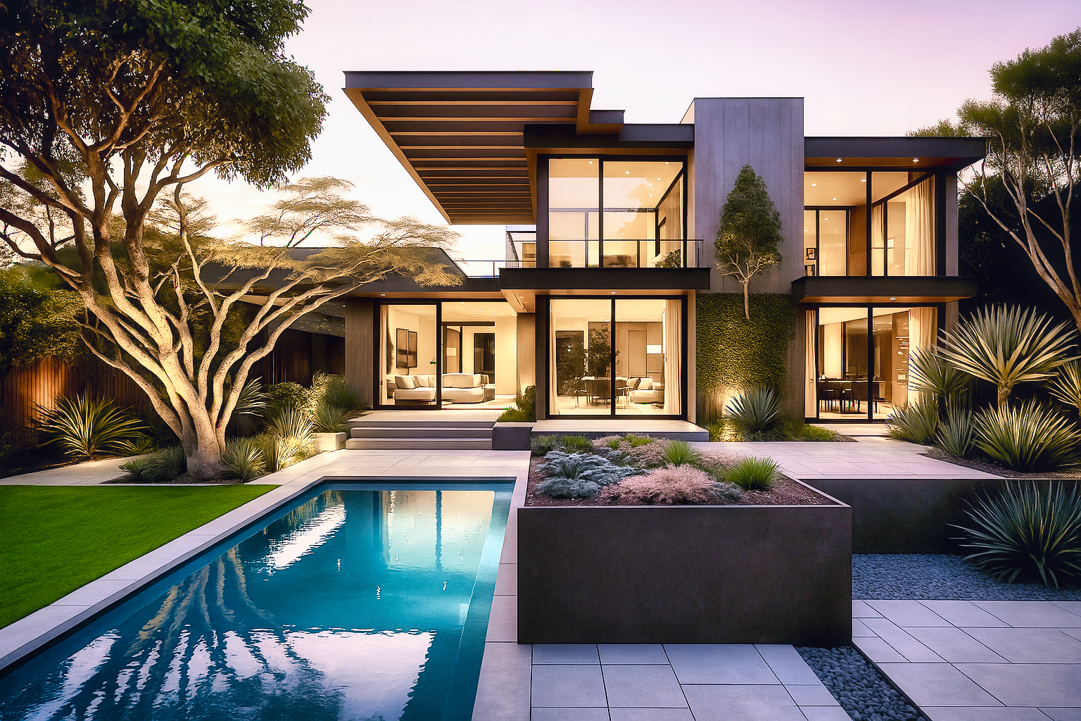 Miami concept: rendering of a villa with overlapping volumes, terrace and garden pool