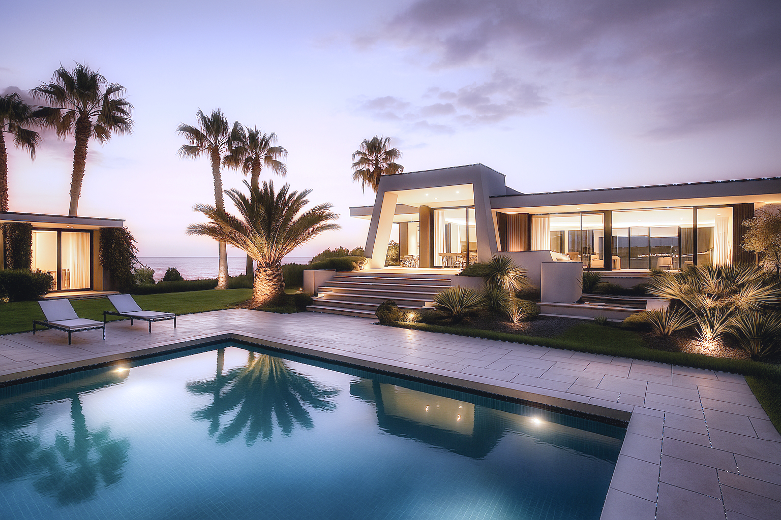 Roma concept: rendering of a low-rise villa with a pool and palm trees