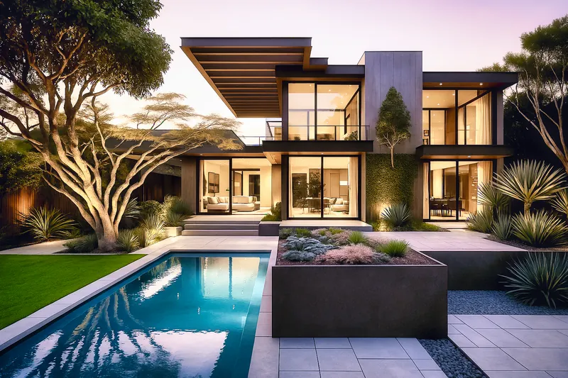 Concept Miami: rendering di villa con volumi sovrapposti, terrazza e giardino con piscina