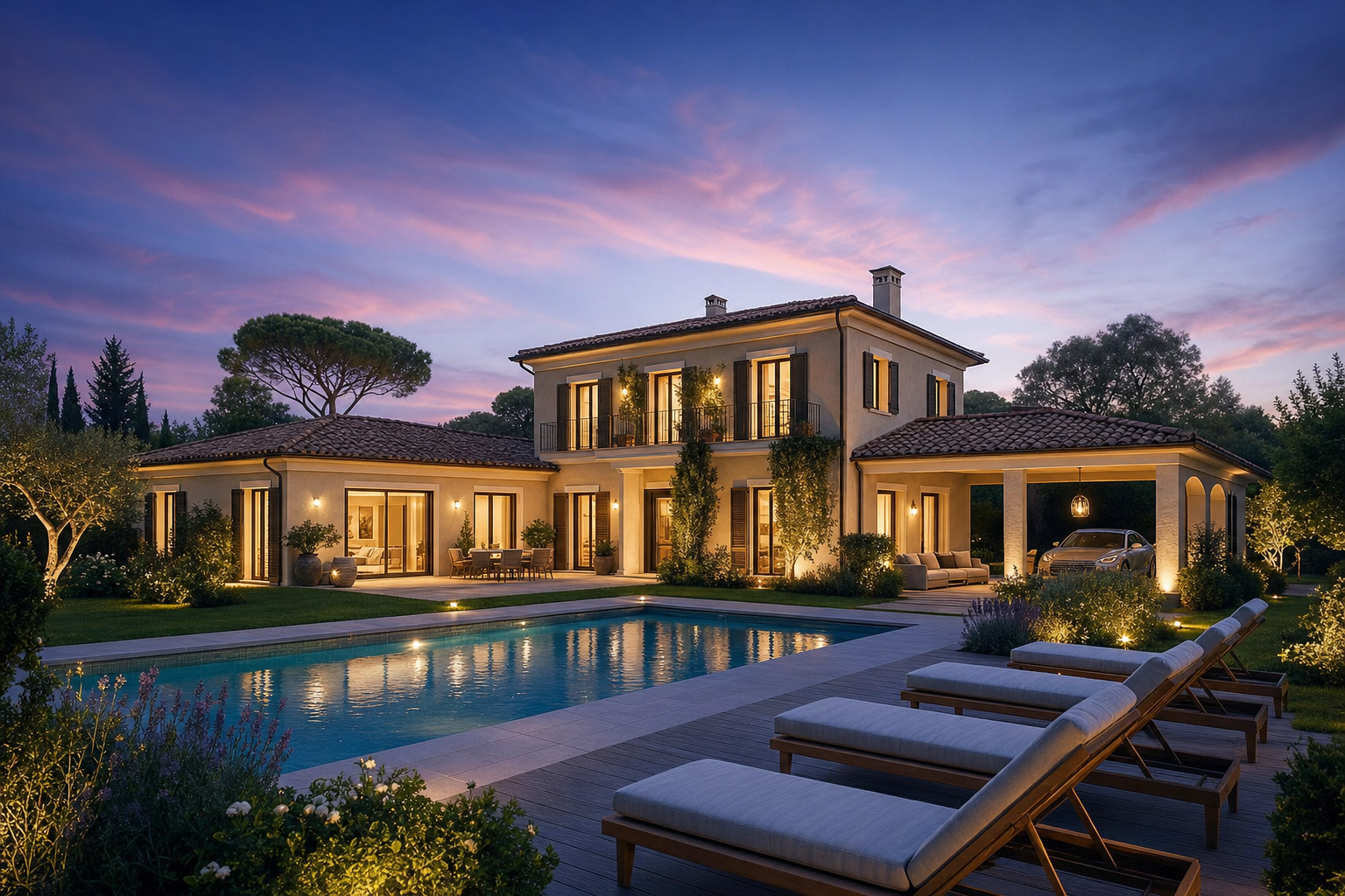 Milano concept: rendering of a two-storey villa with a covered terrace and pool at sunset