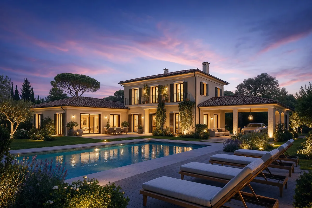 Concept Milano: rendering di villa a due piani con portico e piscina al tramonto