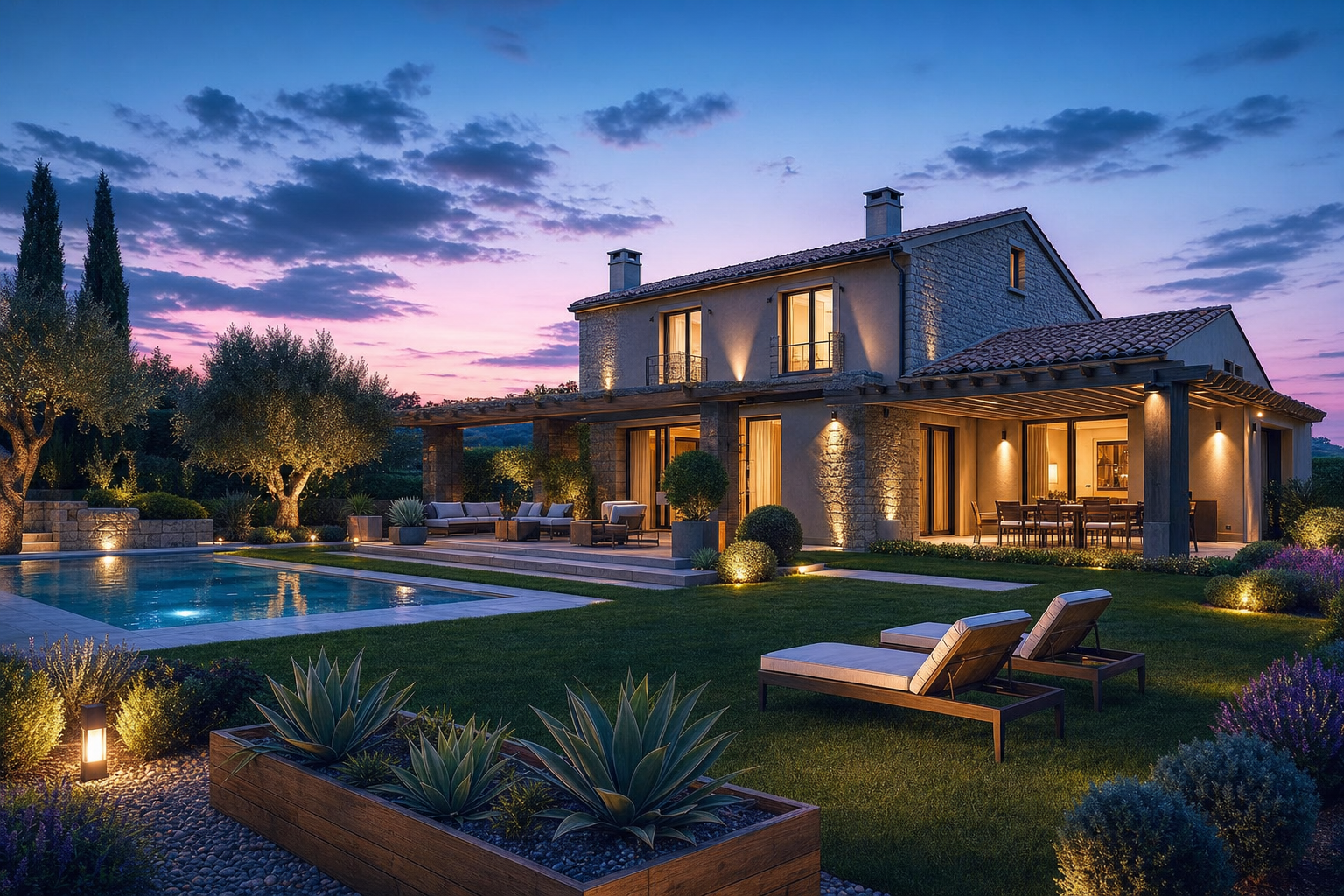 Modena concept: rendering of a villa with a loggia, pitched roof and garden pool