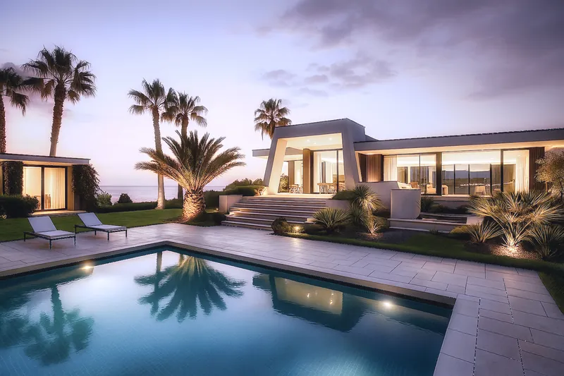 Concept Roma: rendering di villa dai volumi bassi con piscina e palme
