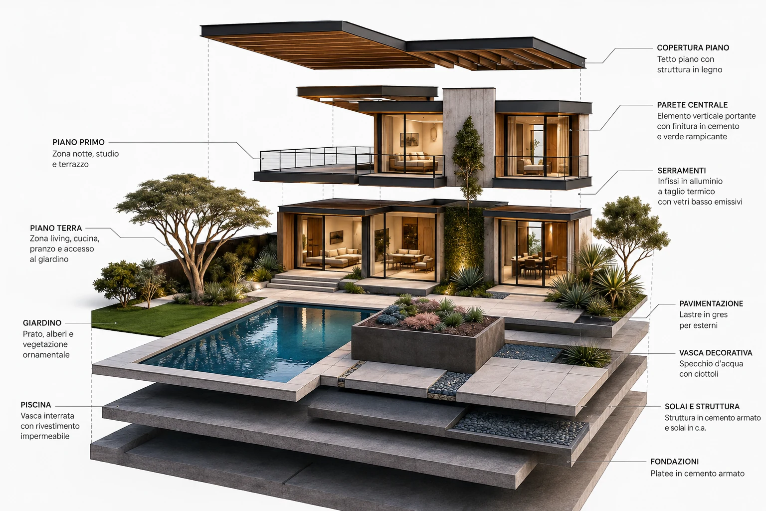 Vista esplosa di una villa: copertura, livelli abitativi, giardino e fondazioni